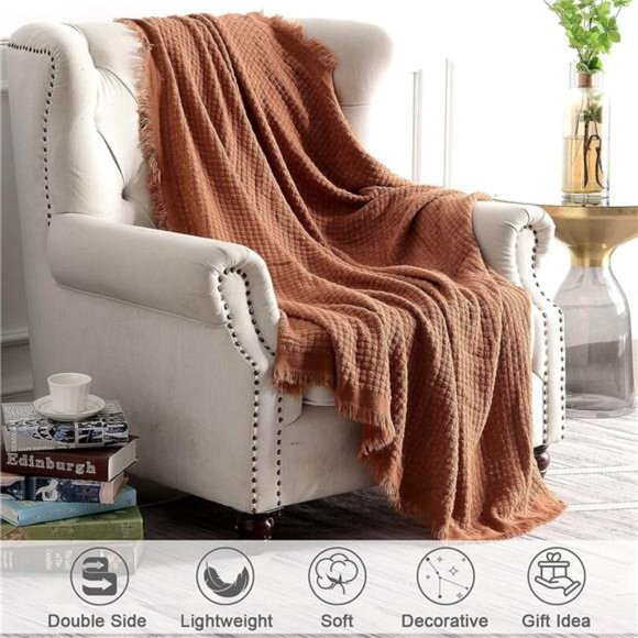 Fall Throw Blanket for Couch-Soft Boho Farmhouse Throw Blanket,Cozy Waffle Knit - Picture 4 of 6